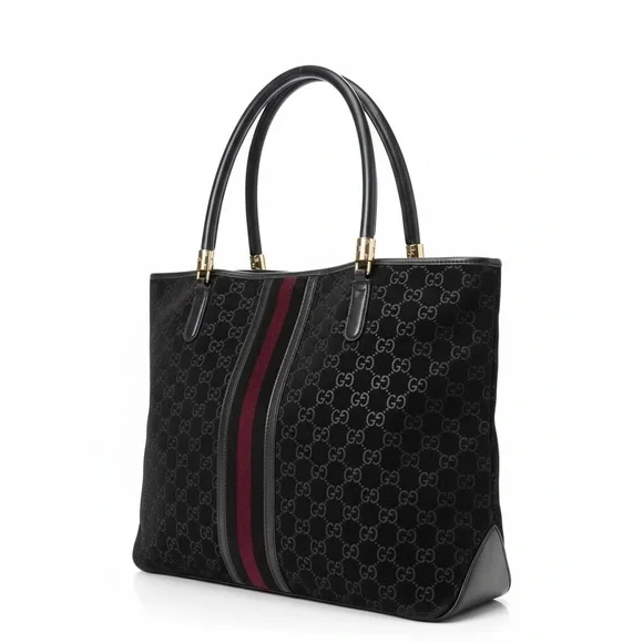 Gucci Black GG Canvas Tote with Burgundy Center Stripe - Picture 4 of 15